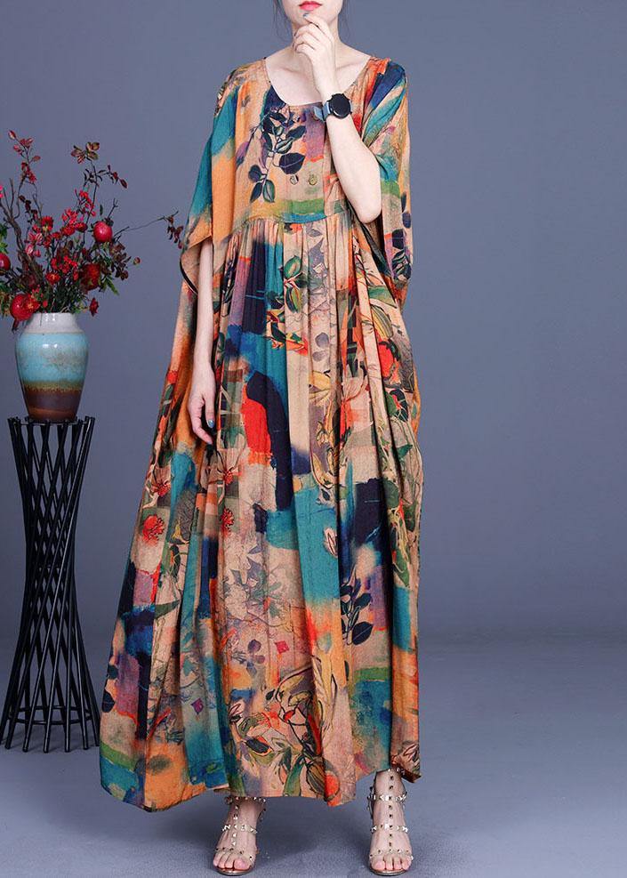French Orange Print Button Batwing Sleeve Chiffon Summer Maxi Dresses - Image 2