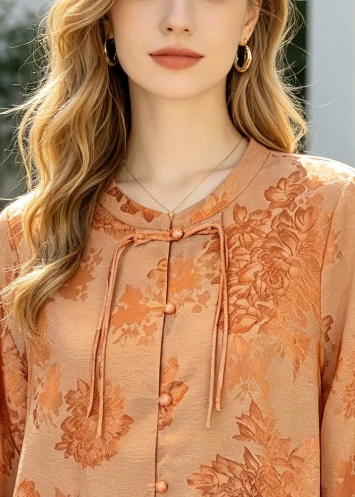 French Orange Print Patchwork Chinese Button Silk Top Summer - Image 2