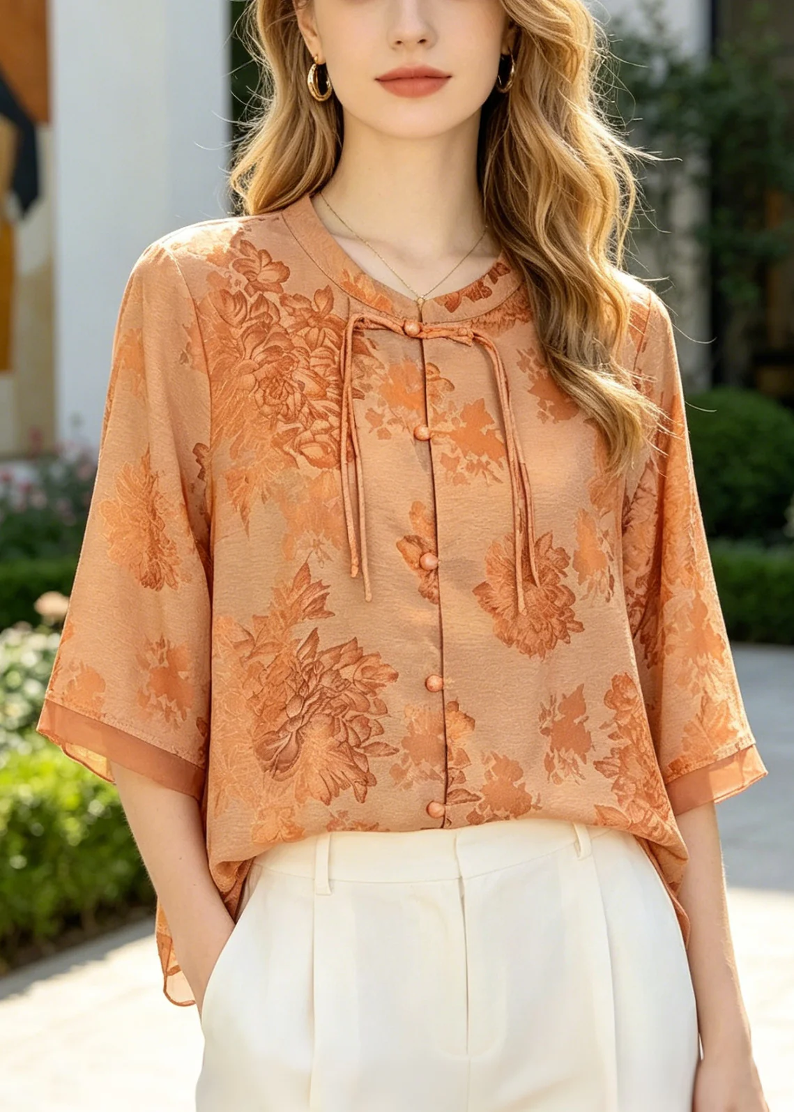 French Orange Print Patchwork Chinese Button Silk Top Summer - Image 3