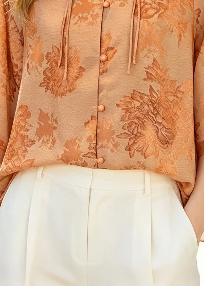 French Orange Print Patchwork Chinese Button Silk Top Summer - Image 4