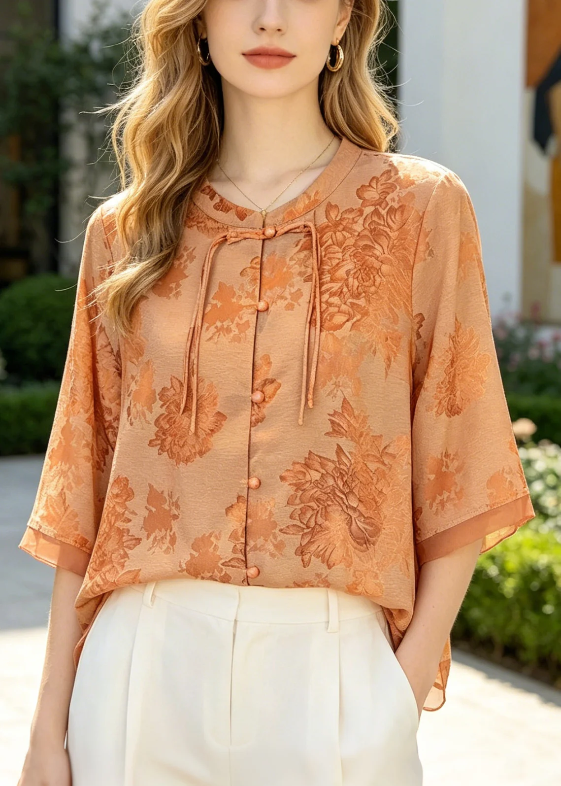 French Orange Print Patchwork Chinese Button Silk Top Summer - Image 5
