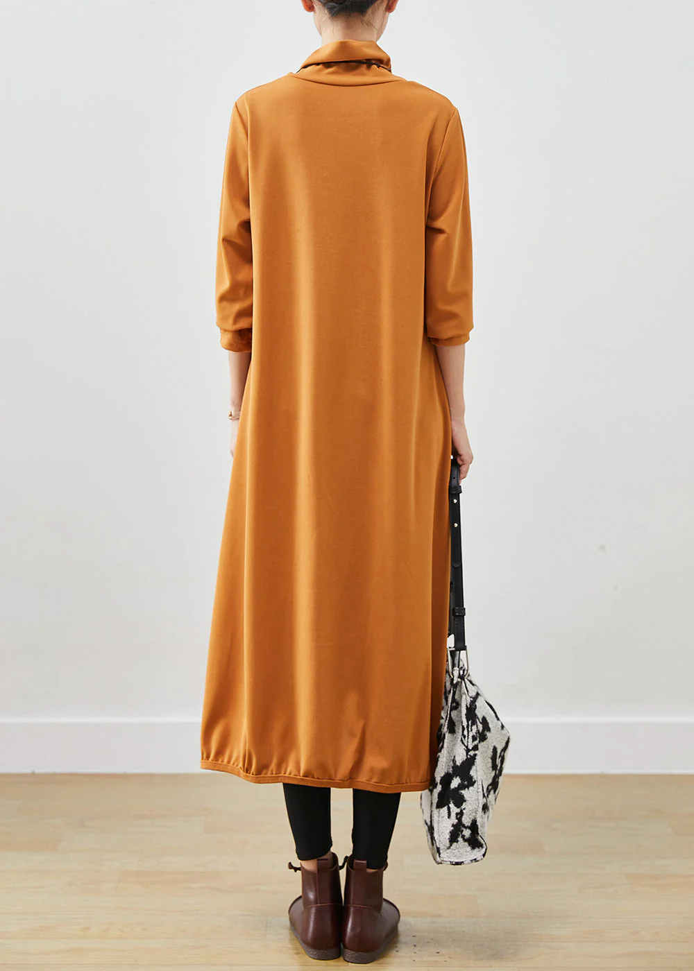 French Orange Turtle Neck Warm Fleece Robe Dresses Fall - Image 4