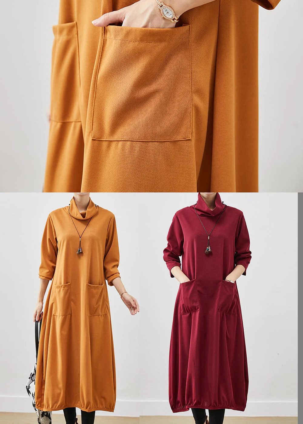 French Orange Turtle Neck Warm Fleece Robe Dresses Fall - Image 5