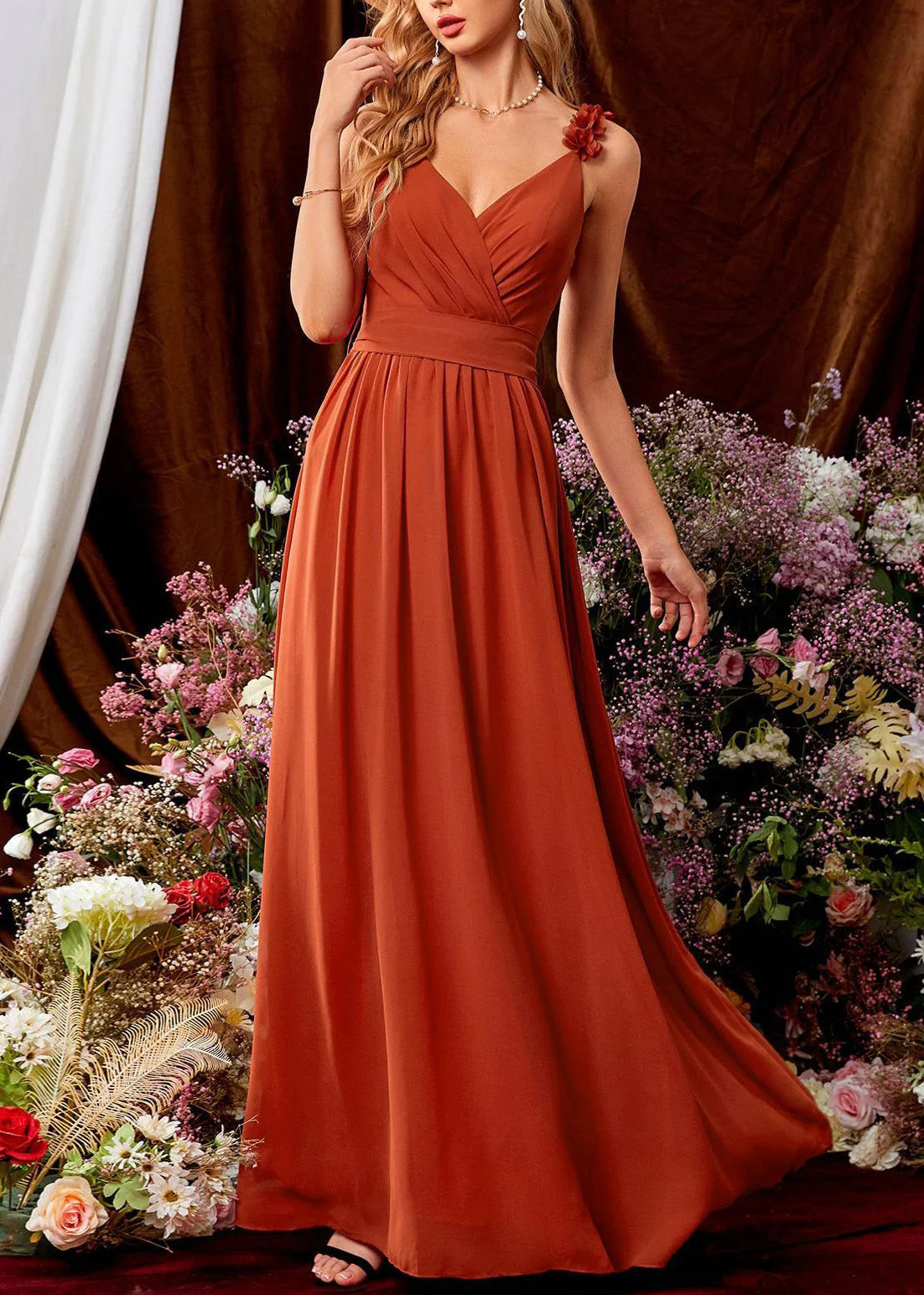 French Orange V Neck Floral Tie Waist Cotton Spaghetti Strap Dress Sleeveless - Image 2