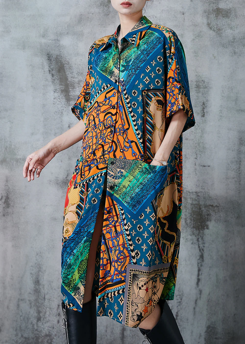 French Peacock Blue Oversized Print Chiffon Dress Summer - Image 2