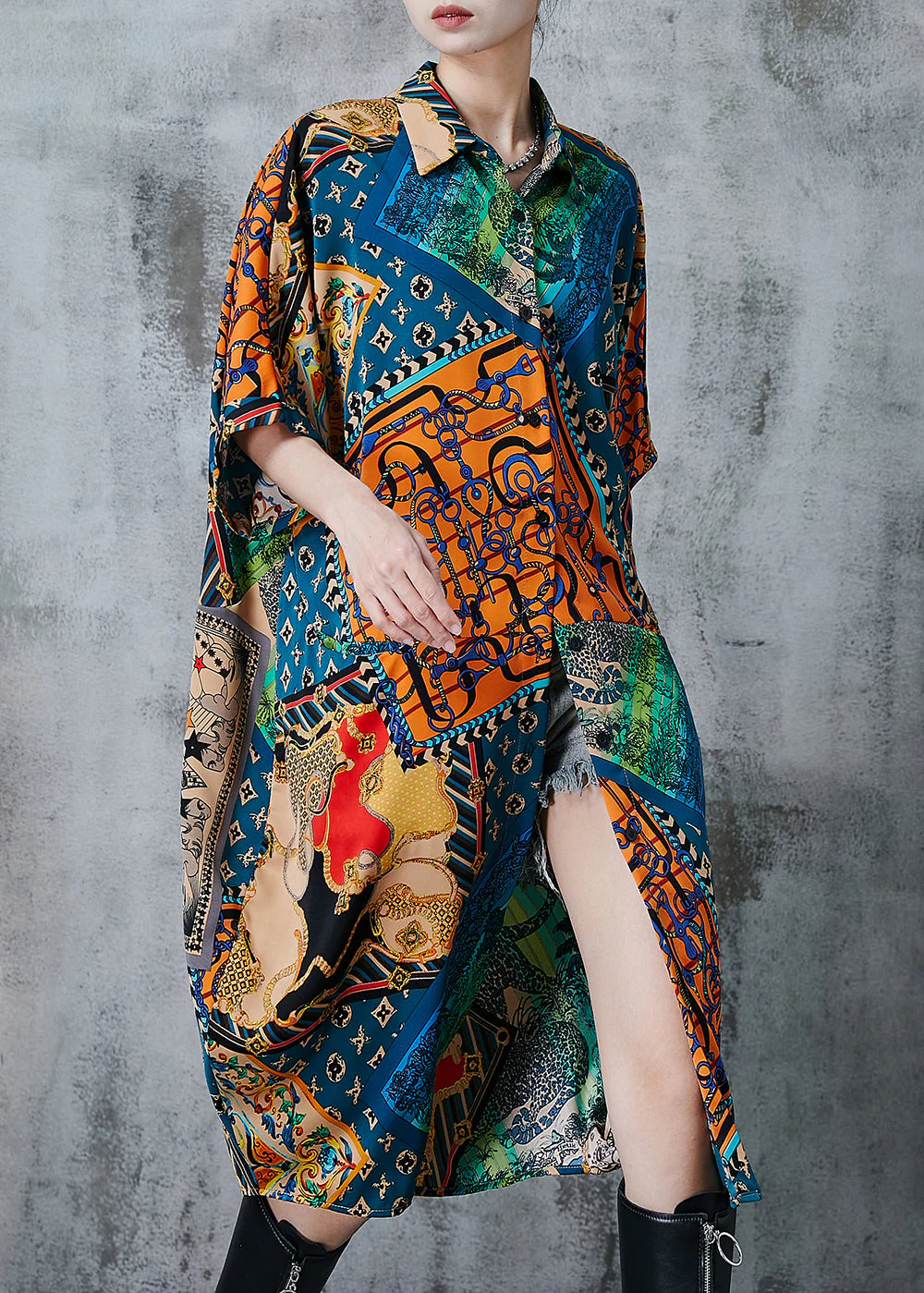 French Peacock Blue Oversized Print Chiffon Dress Summer - Image 3