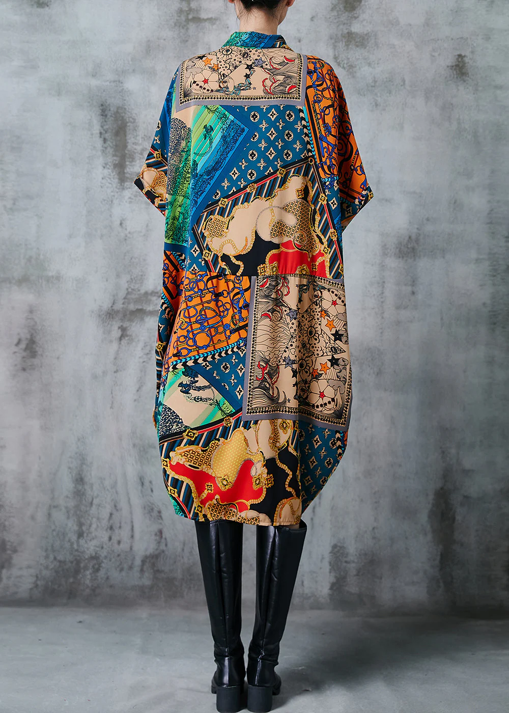 French Peacock Blue Oversized Print Chiffon Dress Summer - Image 4