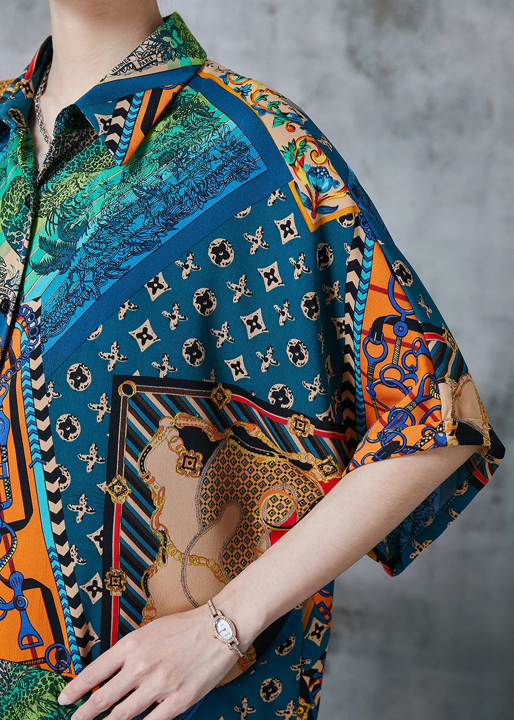 French Peacock Blue Oversized Print Chiffon Dress Summer - Image 5