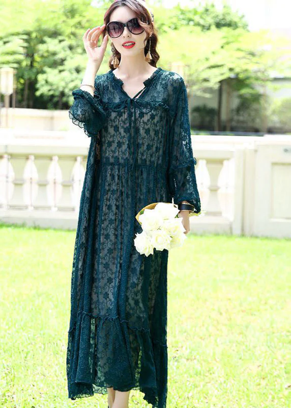 French Peacock Blue Ruffled Exra Large Hem Silk Long Dress Spring - Image 2