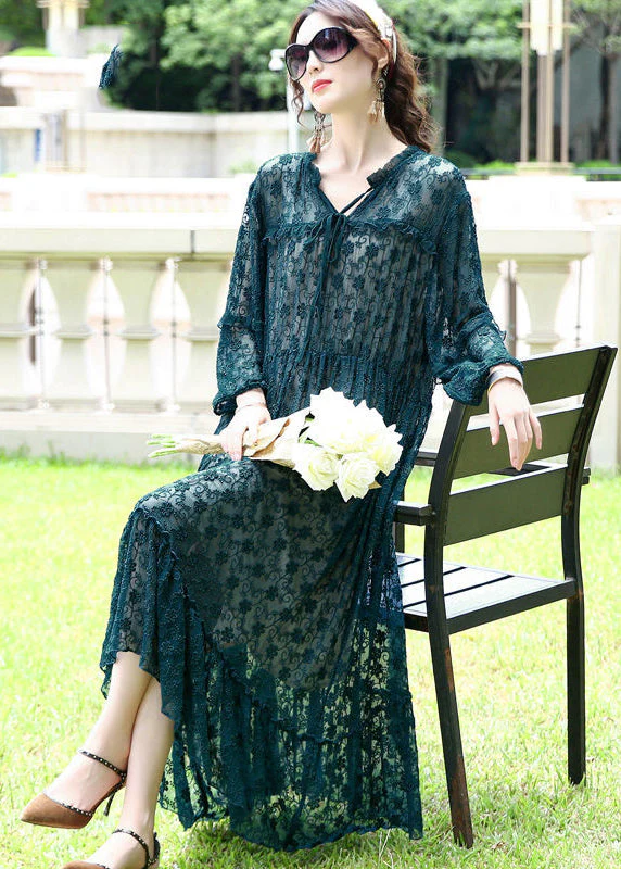 French Peacock Blue Ruffled Exra Large Hem Silk Long Dress Spring - Image 3