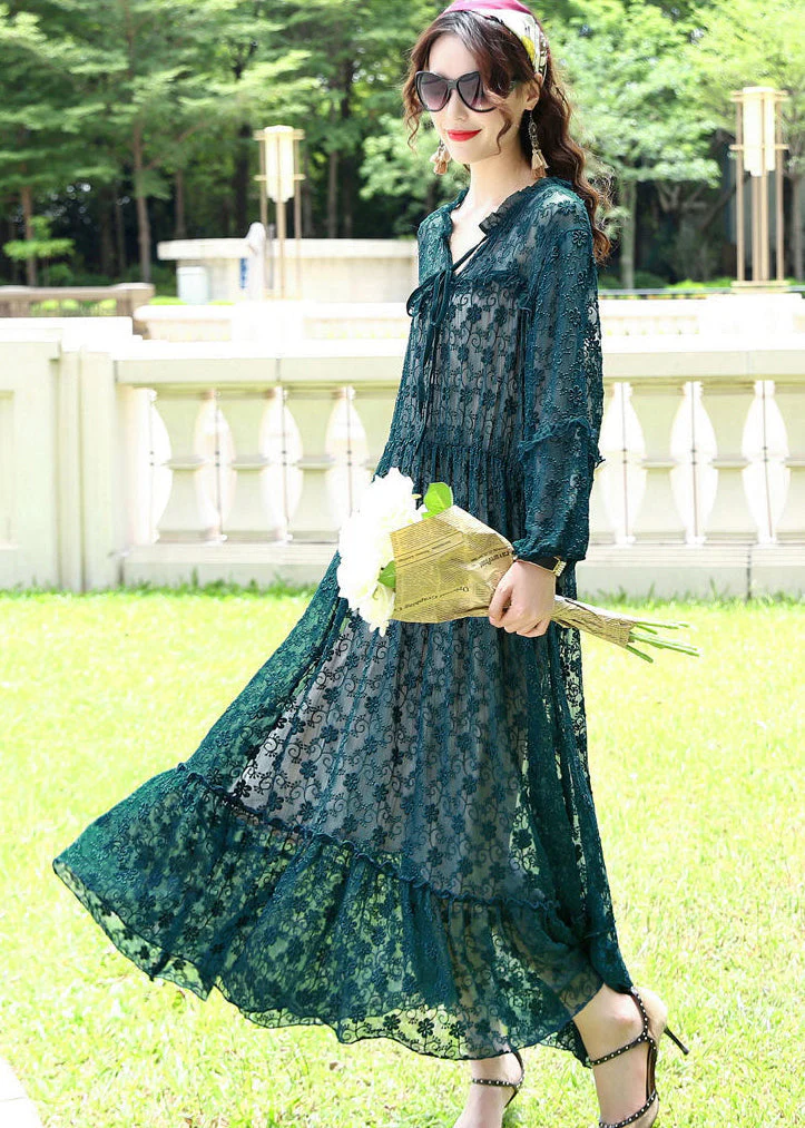 French Peacock Blue Ruffled Exra Large Hem Silk Long Dress Spring - Image 4