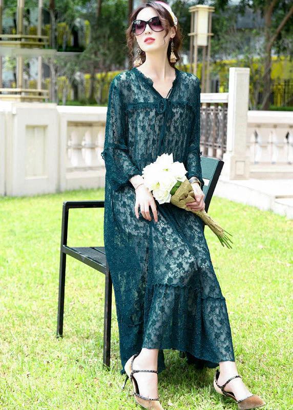 French Peacock Blue Ruffled Exra Large Hem Silk Long Dress Spring - Image 5