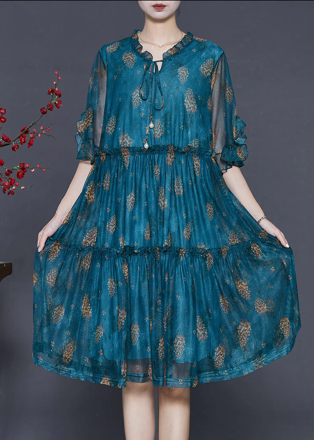 French Peacock Blue Ruffled Print Tulle Tea Dress Summer - Image 2
