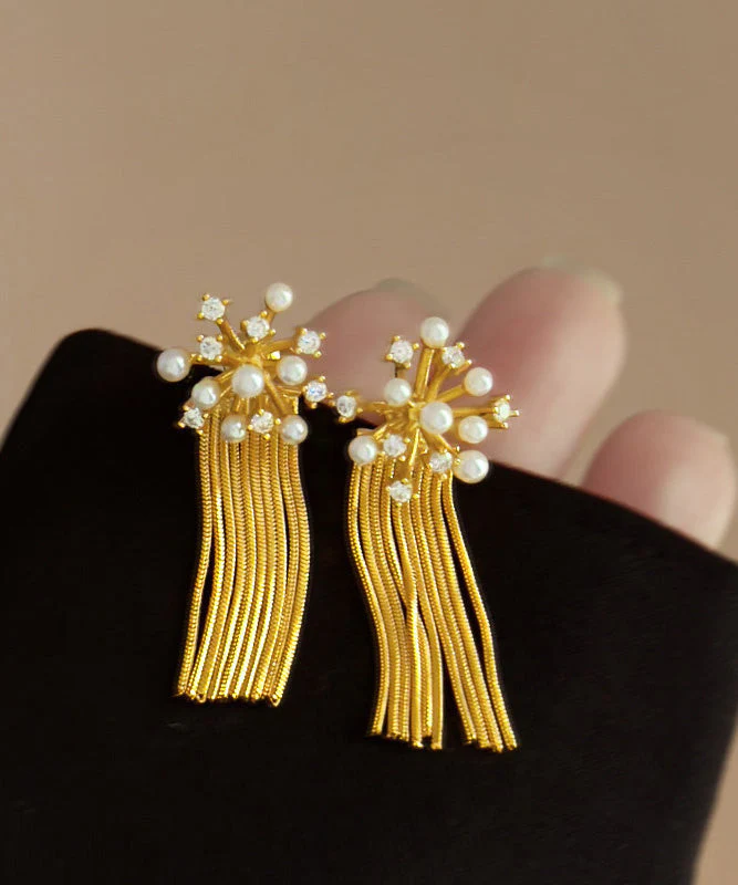 French Pearl Zircon Tassel Fireworks Earrings - Image 2