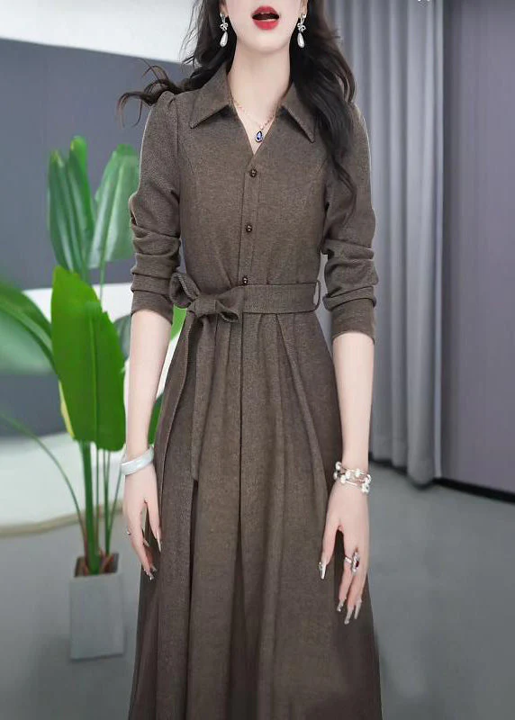 French Peter Pan Collar Tie Waist Flattering Button Maxi Dress Spring - Image 2