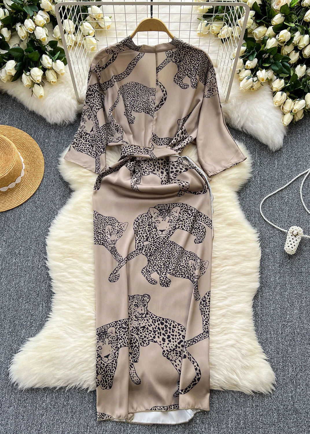 French Photo Color Print Lace Up Silk Dress Half Sleeve - Image 2