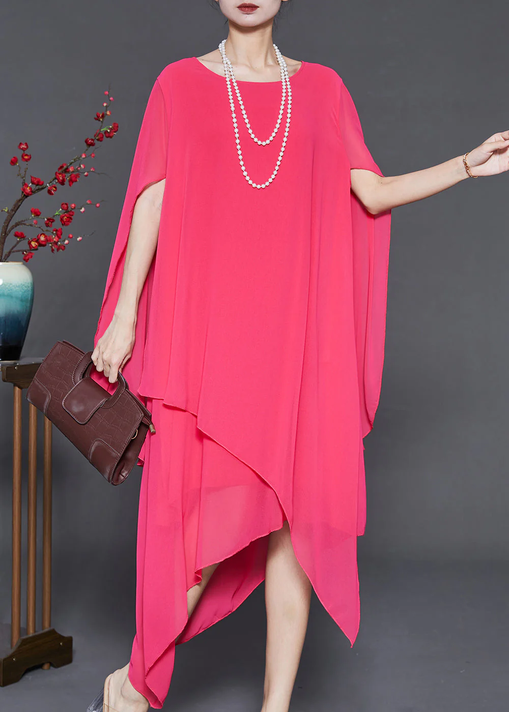 French Pink Asymmetrical Chiffon Beach Dresses Cloak Sleeves - Image 2