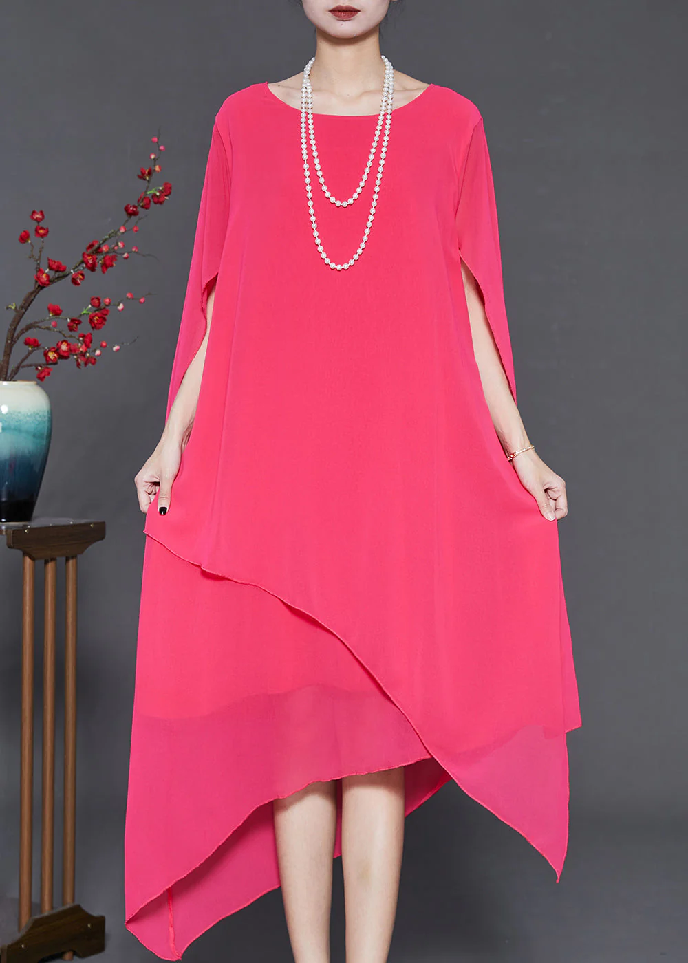 French Pink Asymmetrical Chiffon Beach Dresses Cloak Sleeves - Image 3