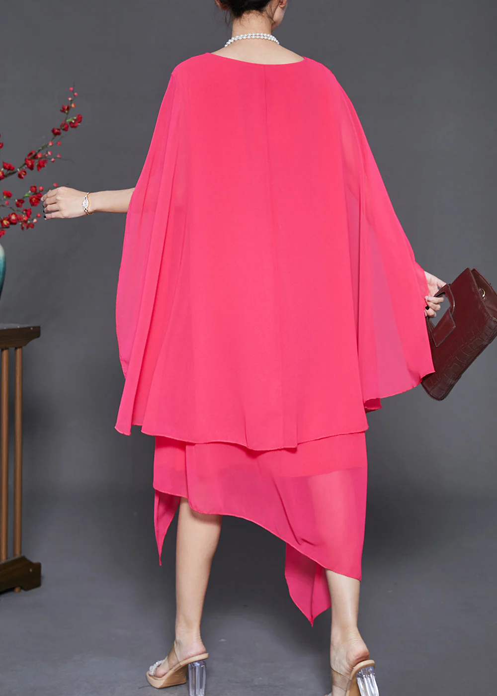 French Pink Asymmetrical Chiffon Beach Dresses Cloak Sleeves - Image 4