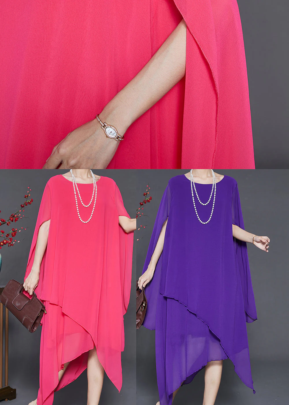 French Pink Asymmetrical Chiffon Beach Dresses Cloak Sleeves - Image 5