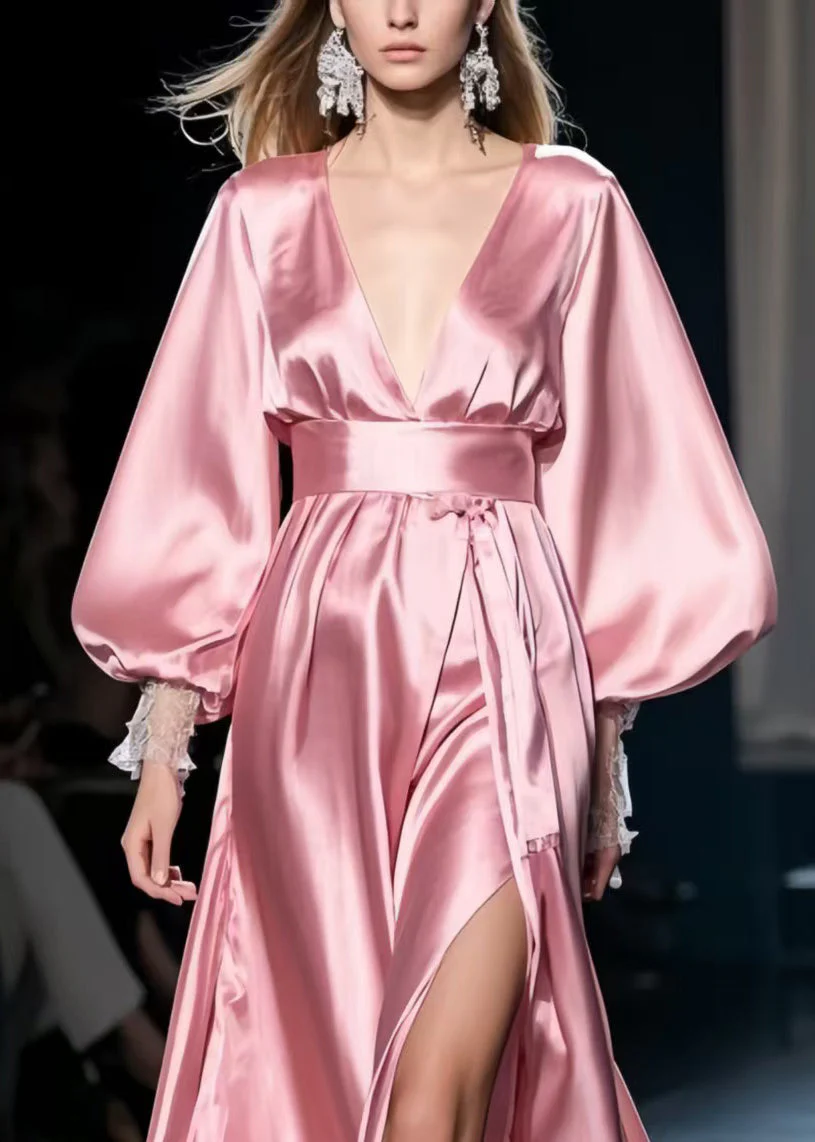French Pink Exra Large Hem Side Open Silk Party Dresses Spring - Image 2