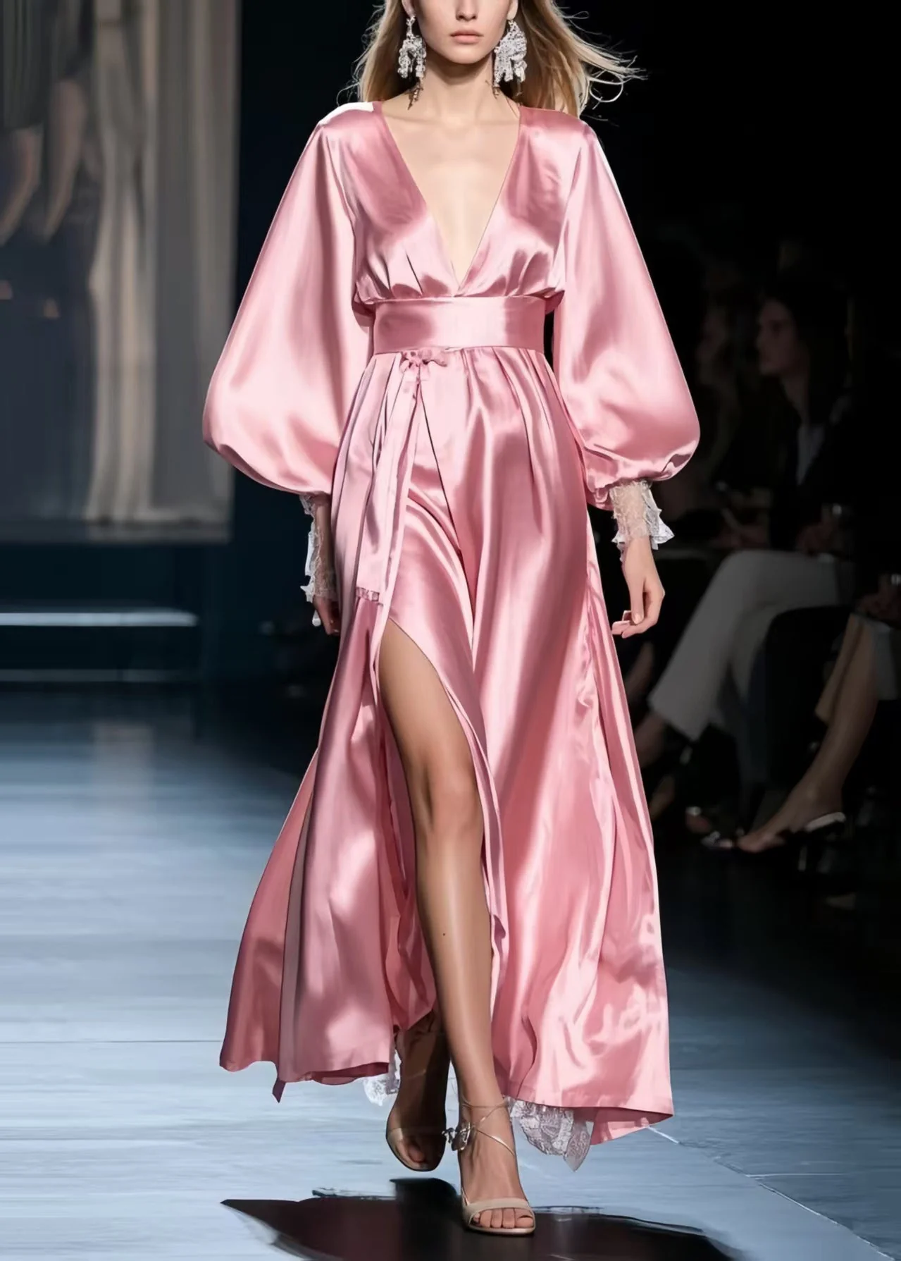 French Pink Exra Large Hem Side Open Silk Party Dresses Spring - Image 3
