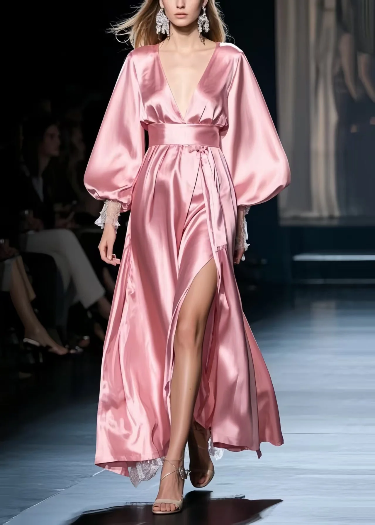 French Pink Exra Large Hem Side Open Silk Party Dresses Spring - Image 5