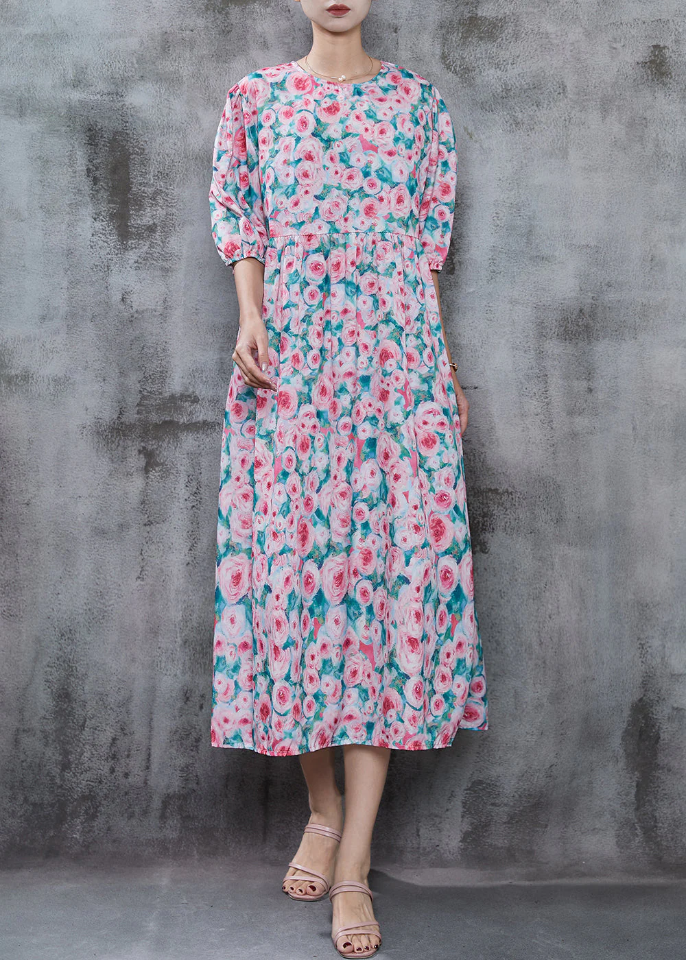 French Pink Floral Print Cotton Long Dress Summer - Image 2