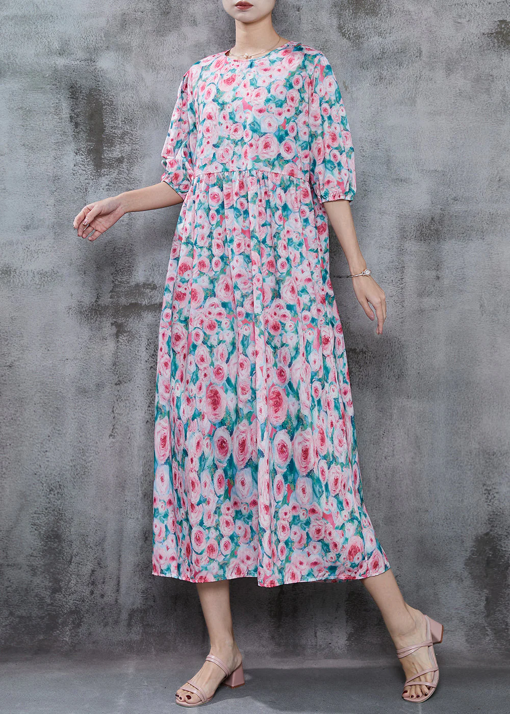 French Pink Floral Print Cotton Long Dress Summer - Image 3
