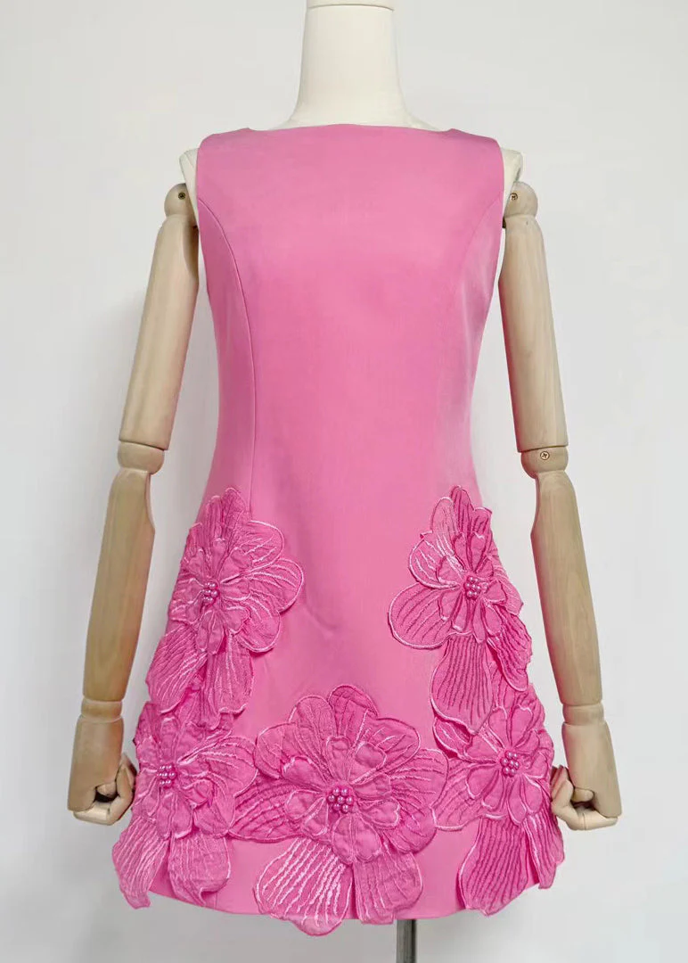 French Pink Floral Solid Cotton Mini Dresses Summer - Image 4