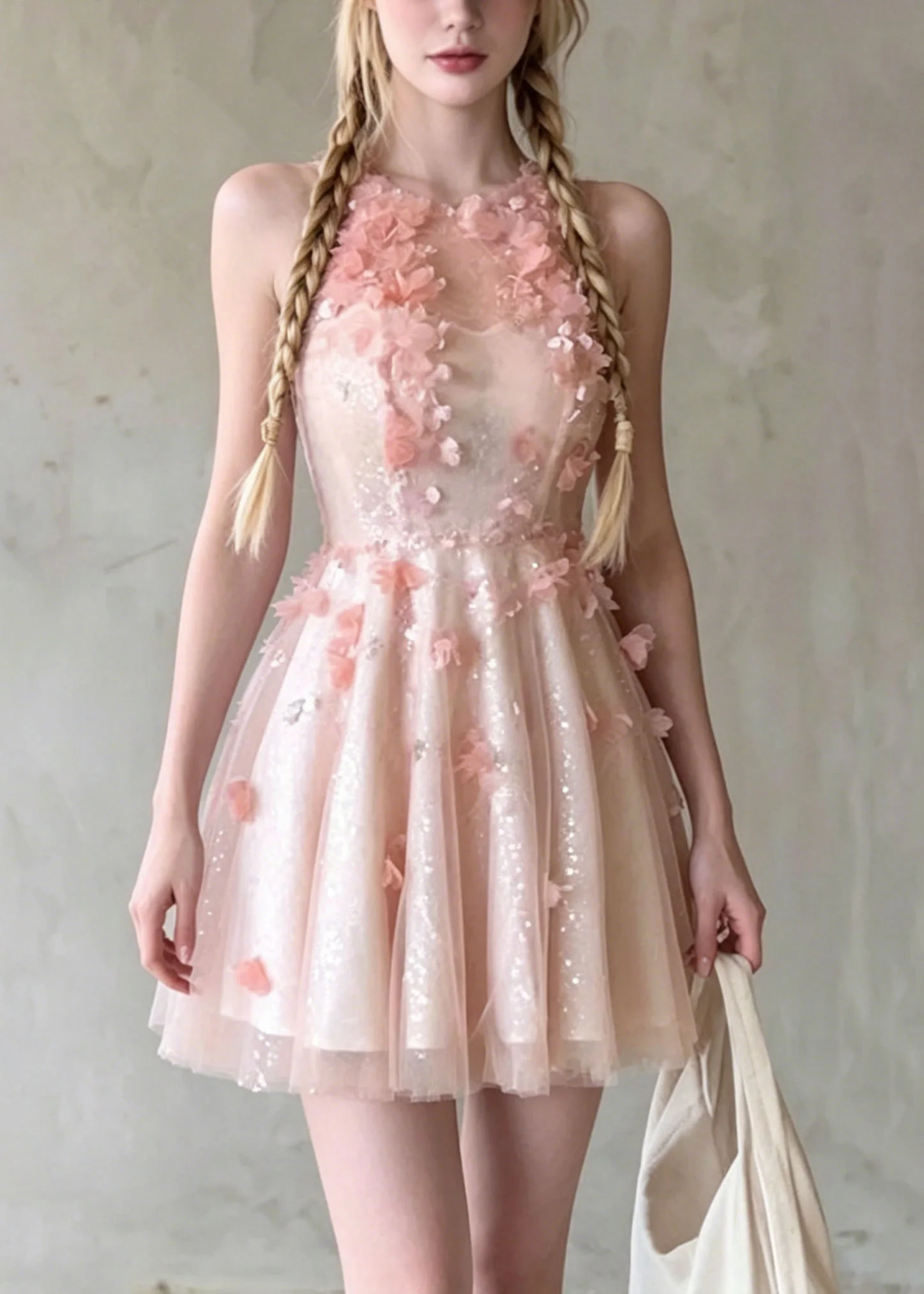 French Pink O Neck Floral Wrinkled Tulle Dress Summer - Image 3