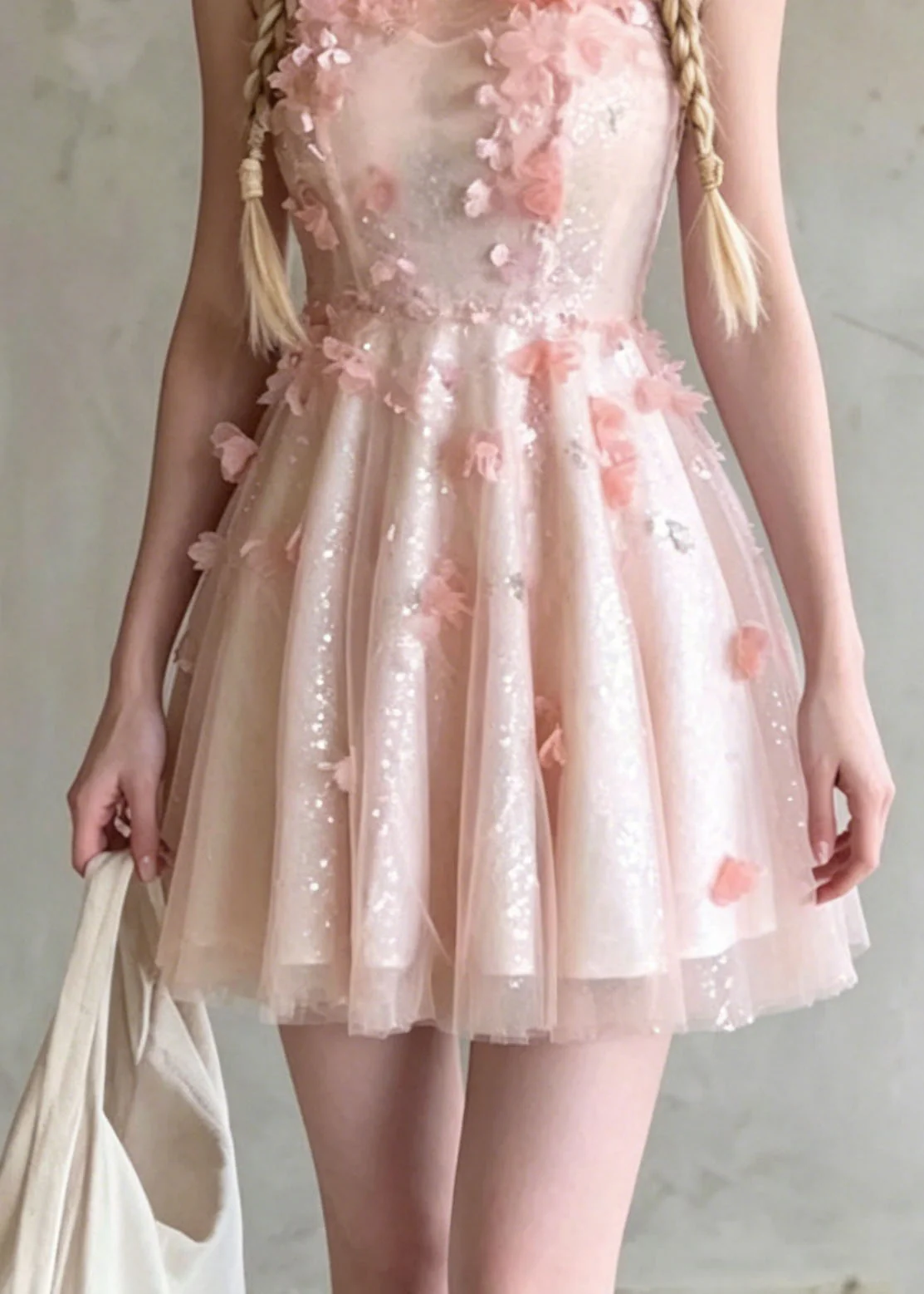 French Pink O Neck Floral Wrinkled Tulle Dress Summer - Image 4
