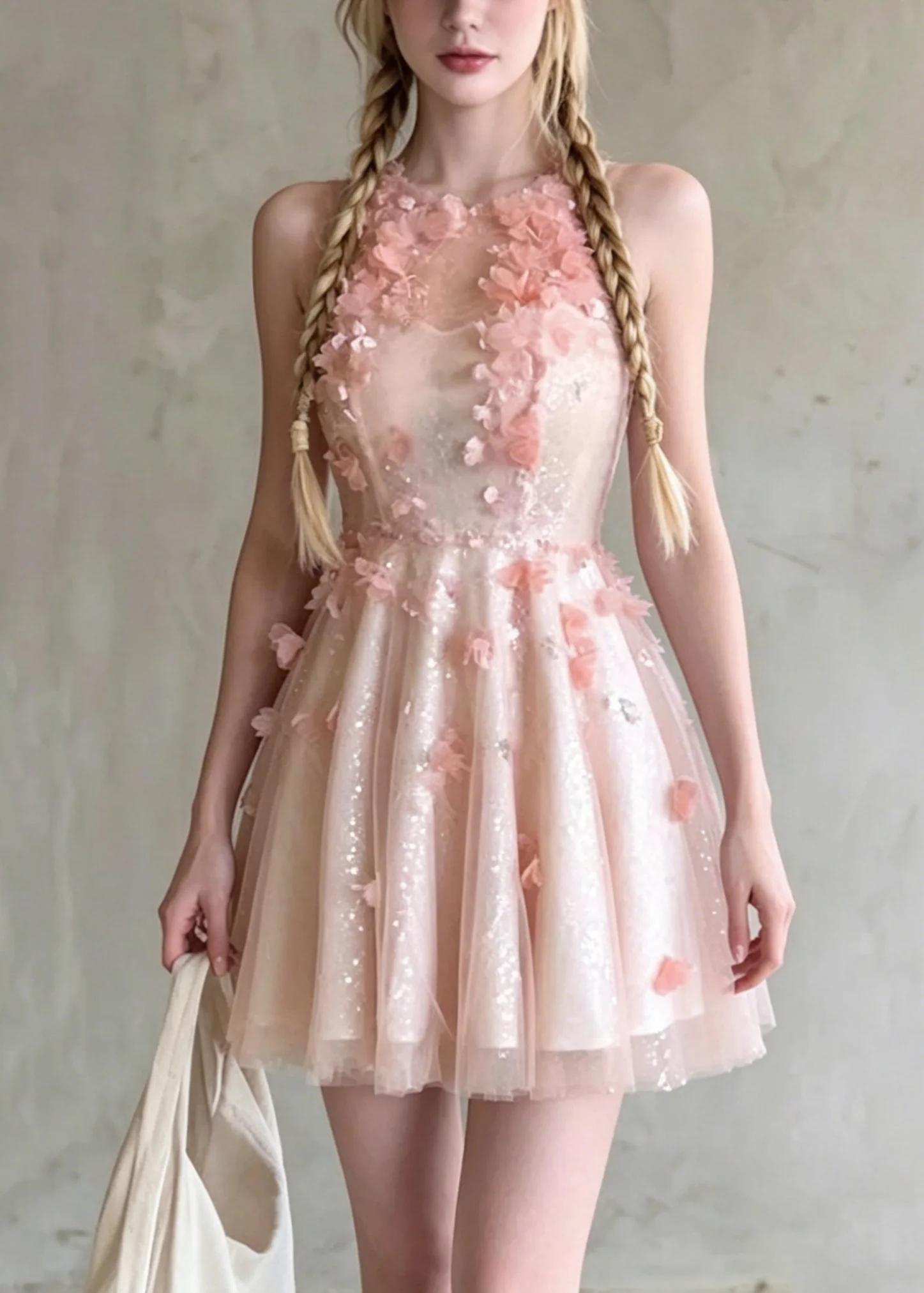 French Pink O Neck Floral Wrinkled Tulle Dress Summer - Image 5