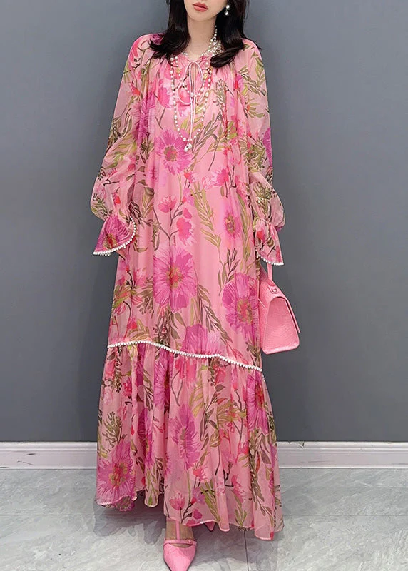 French Pink O-Neck Print Nail bead Holiday Chiffon Long Dress Summer - Image 2