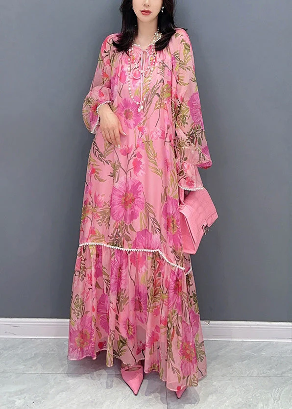 French Pink O-Neck Print Nail bead Holiday Chiffon Long Dress Summer - Image 3