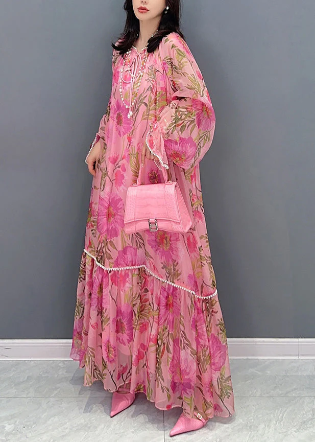 French Pink O-Neck Print Nail bead Holiday Chiffon Long Dress Summer - Image 4