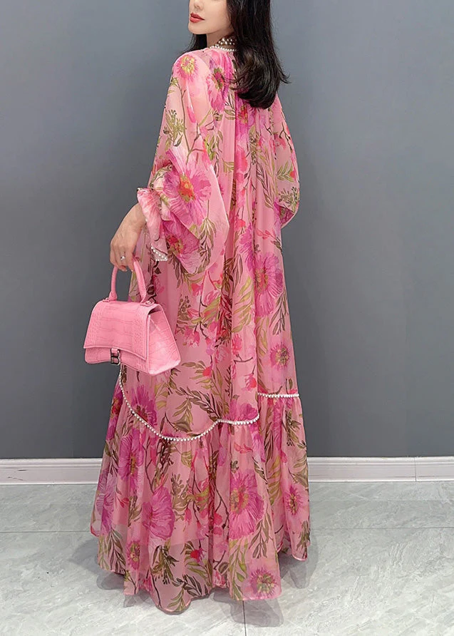 French Pink O-Neck Print Nail bead Holiday Chiffon Long Dress Summer - Image 5