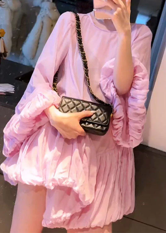 French Pink O Neck Wrinkled Patchwork Cotton Mid Dress Lantern Sleeve - Image 2