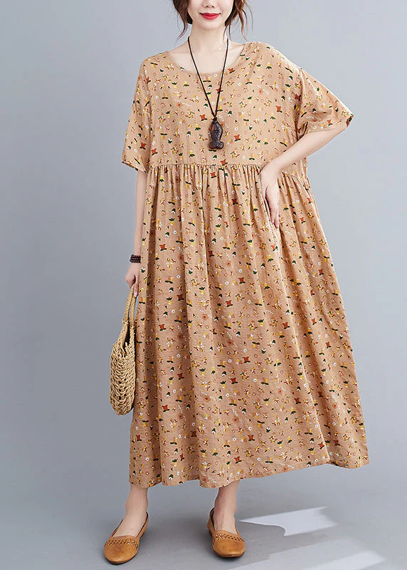 French Pink Orange O-Neck Wrinkled Print Cotton Loose Dresses Short Sleeve