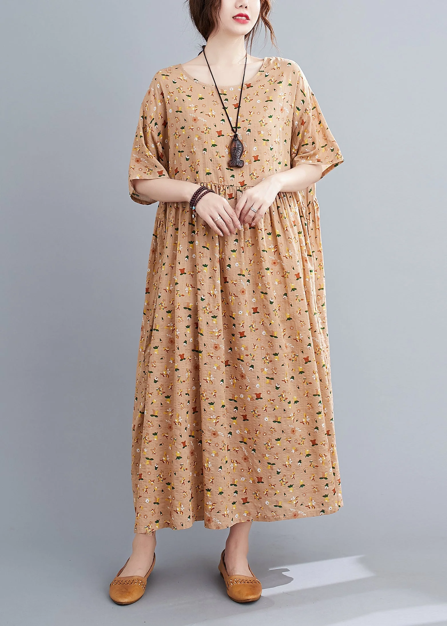French Pink Orange O-Neck Wrinkled Print Cotton Loose Dresses Short Sleeve - Image 2
