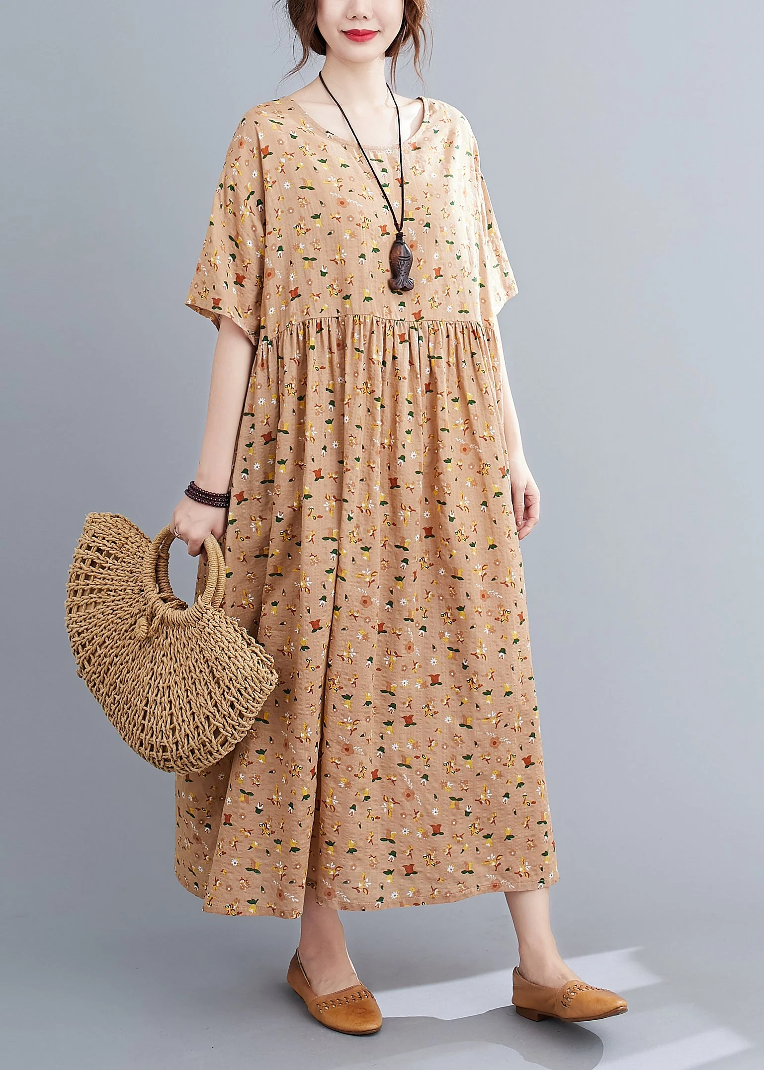 French Pink Orange O-Neck Wrinkled Print Cotton Loose Dresses Short Sleeve - Image 3