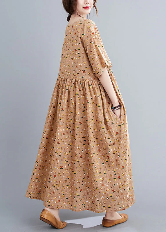 French Pink Orange O-Neck Wrinkled Print Cotton Loose Dresses Short Sleeve - Image 4