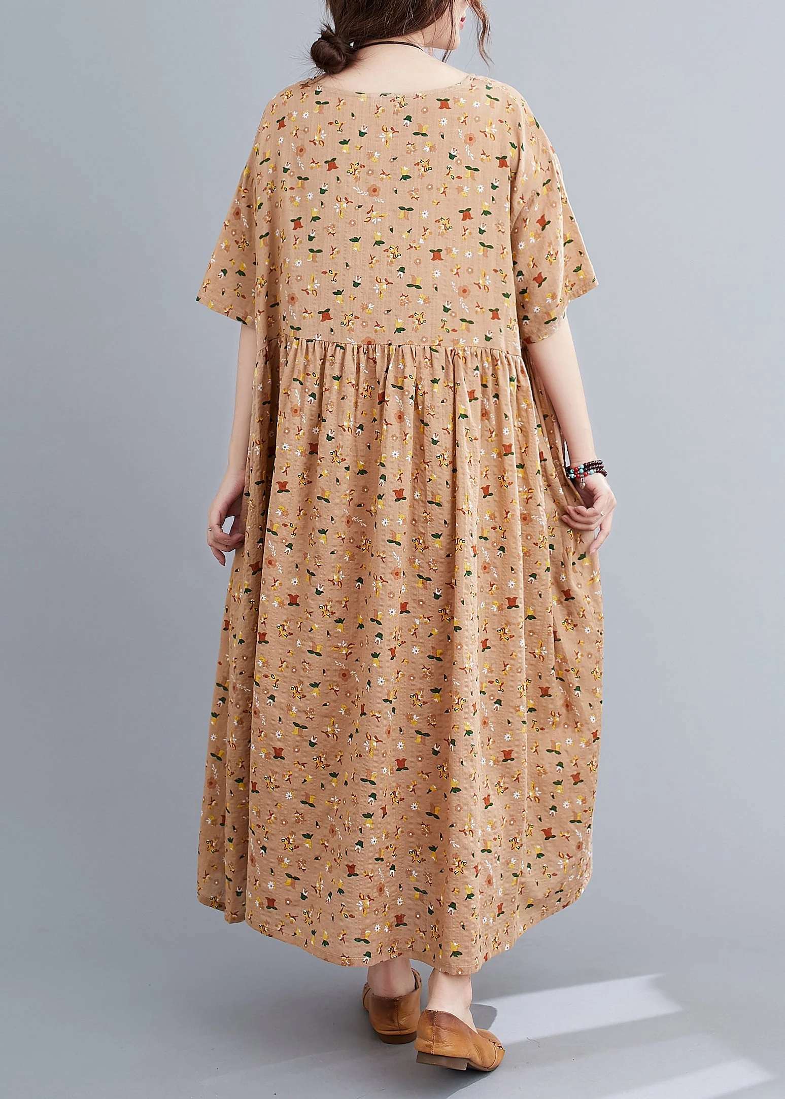 French Pink Orange O-Neck Wrinkled Print Cotton Loose Dresses Short Sleeve - Image 5