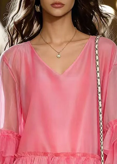 French Pink Oversized Chiffon Tea Dress Flare Sleeve - Image 2