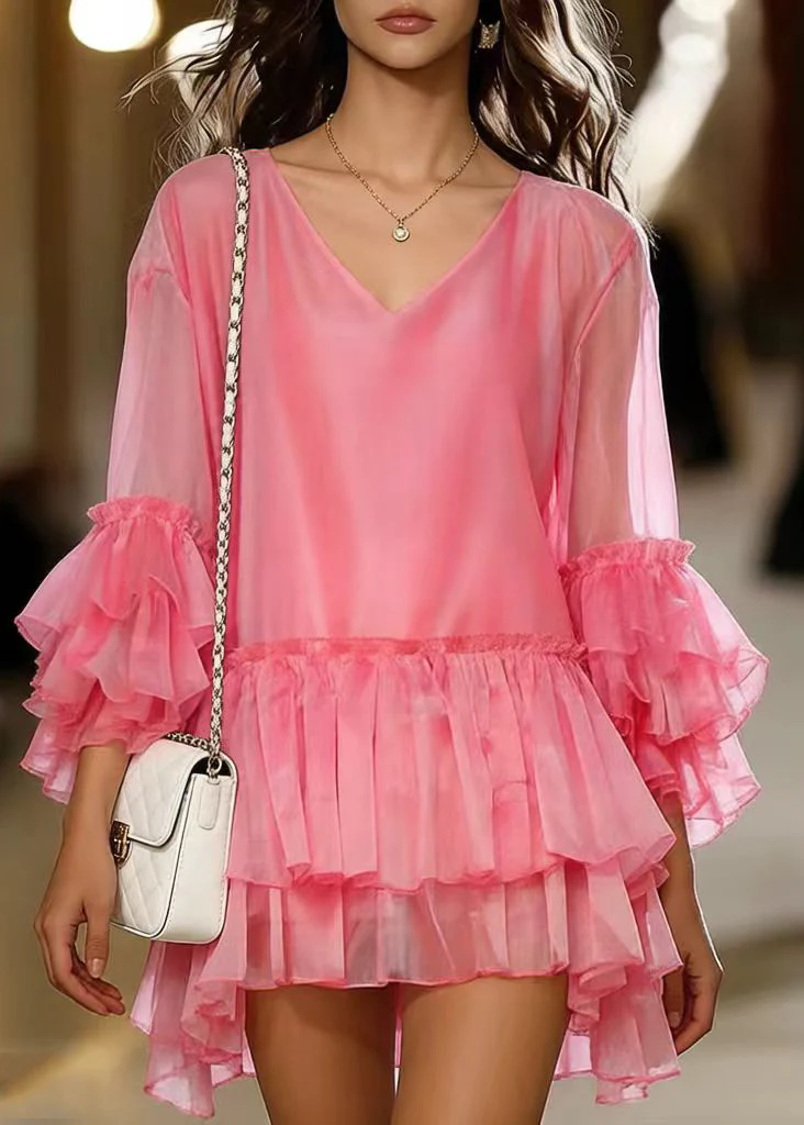 French Pink Oversized Chiffon Tea Dress Flare Sleeve - Image 3