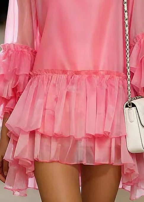 French Pink Oversized Chiffon Tea Dress Flare Sleeve - Image 4