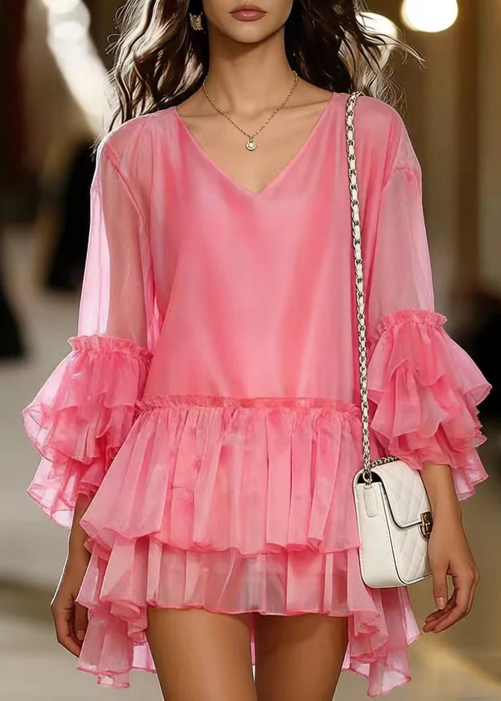 French Pink Oversized Chiffon Tea Dress Flare Sleeve - Image 5