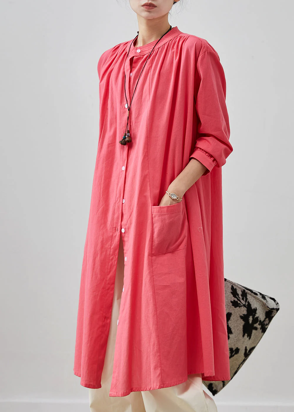 French Pink Oversized Cotton Shirt Dresses Spring - Image 2