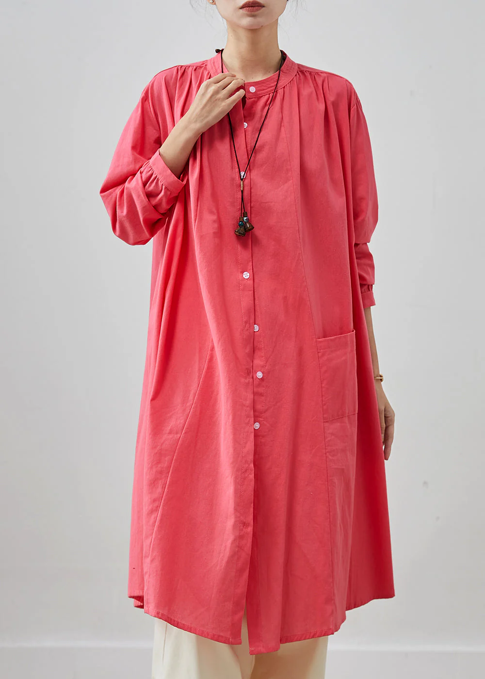 French Pink Oversized Cotton Shirt Dresses Spring - Image 3