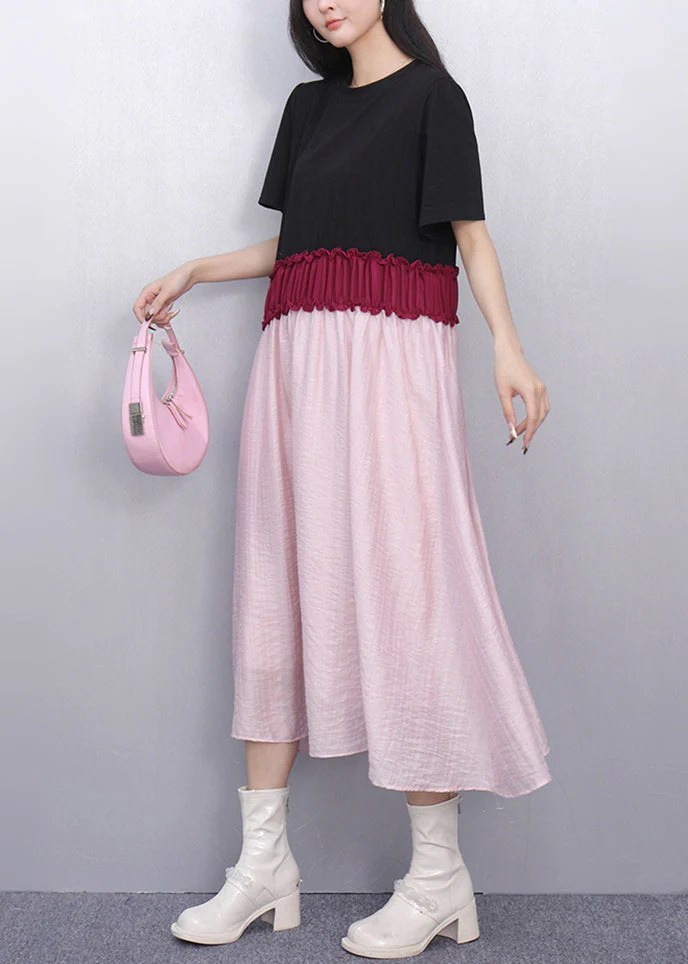 French Pink Patchwork Elastic Waist Maxi Dresses Summer - Image 3